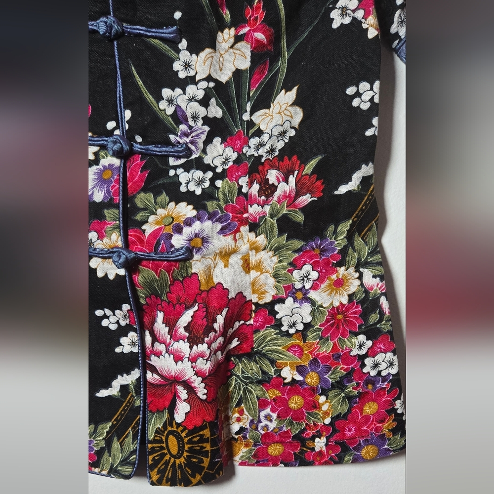 Womens Cotton Linen Short Sleeve Chinese Shirt with Flower Print Size M - Picture 14 of 16
